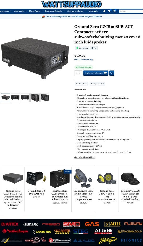 Ground Zero GZCS 20SUB-ACT Compact 20 cm/8″ subwoofer Actief, Erlenweg 25, 85658 Egmating, Germany, Nieuw, https://www.ground-zero-audio.com/en/support-en/contact-page/