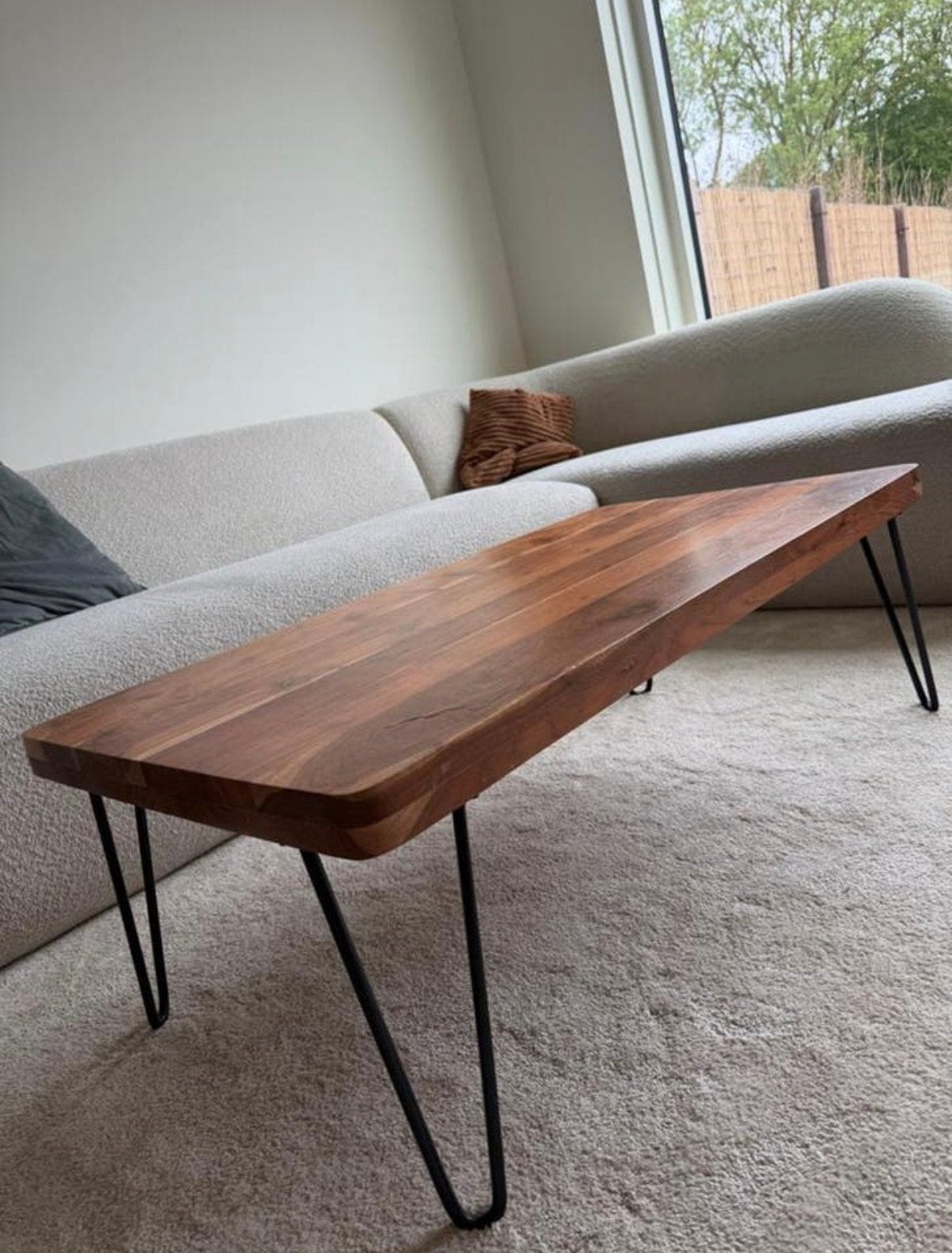 Houten salontafel met hairpin poten - modern/industrieel, 100 tot 150 cm, Zo goed als nieuw, Overige houtsoorten, 50 tot 100 cm