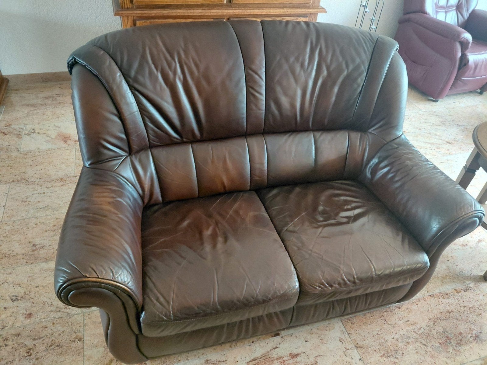Leren bankstel: 3-zits, 2-zits en losse fauteuil, Huis en Inrichting, Ophalen, Gebruikt, Rechte bank, Vierpersoons of meer