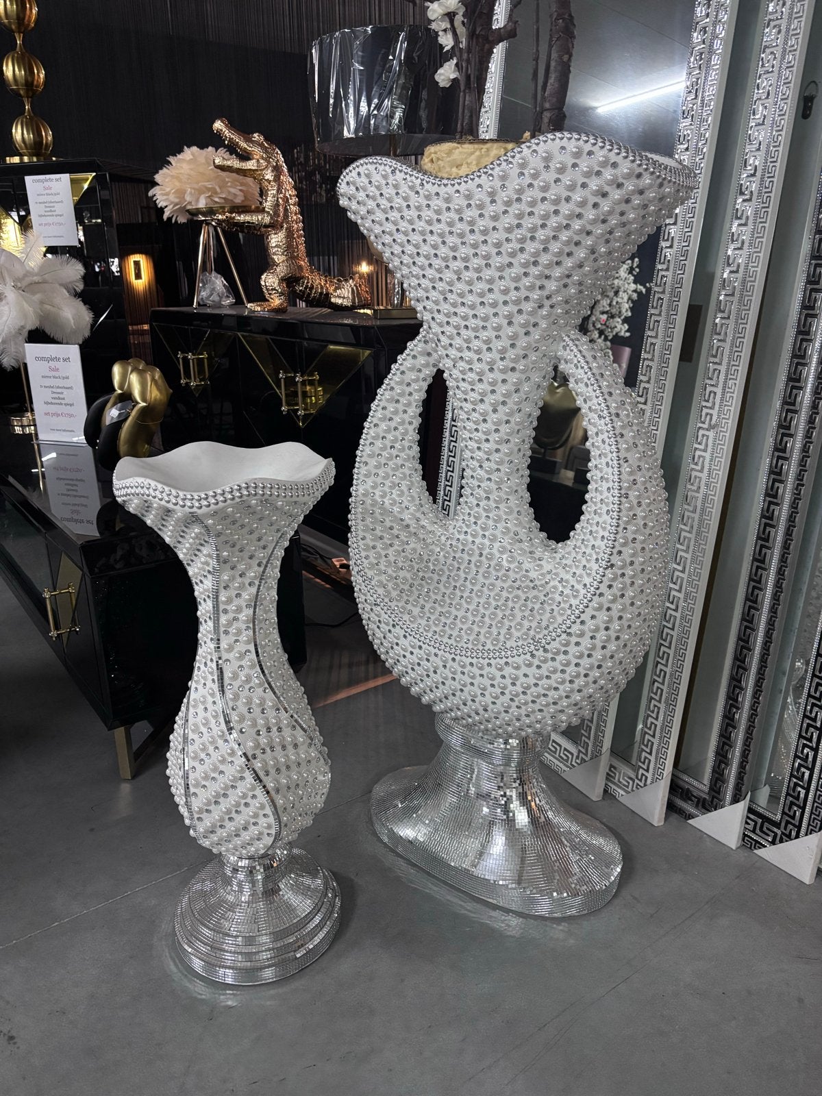 2 decoratieve vazen wit/zilver, 120 cm en 80 cm, Huis en Inrichting, Woonaccessoires | Vazen, Ophalen of Verzenden, Wit