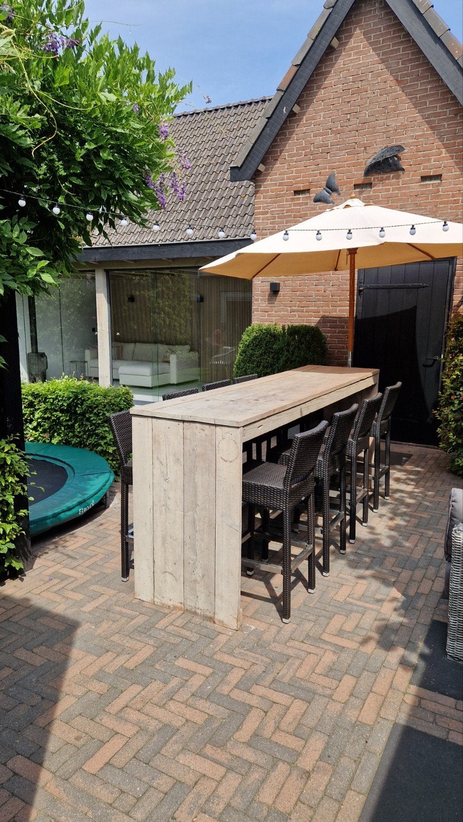Steigerhouten bartafel - 270x110x68cm incl.9 bar krukken, Ophalen, Zo goed als nieuw, Rechthoekig, Hout
