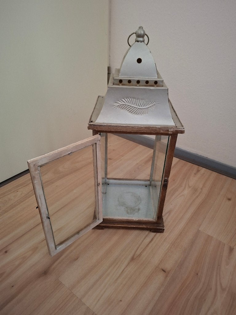 Set van 3 houten lantaarns met glas – 48 / 25 / 23,5 cm, Huis en Inrichting, Ophalen, Gebruikt, Glas, 48 cm