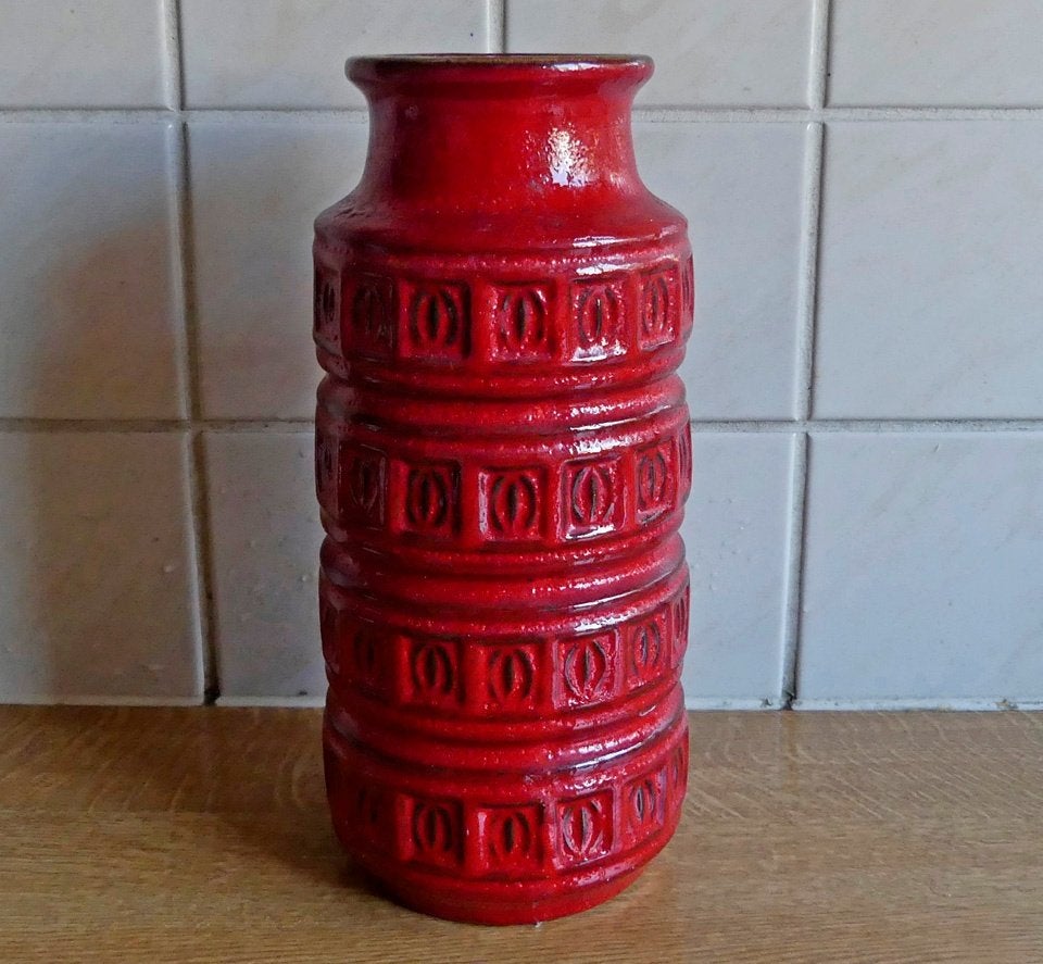 Scheurich 268-23 vintage vaas rood West-Germany, 23 cm, Gebruikt, Met patroon/structuur, Ophalen of Verzenden