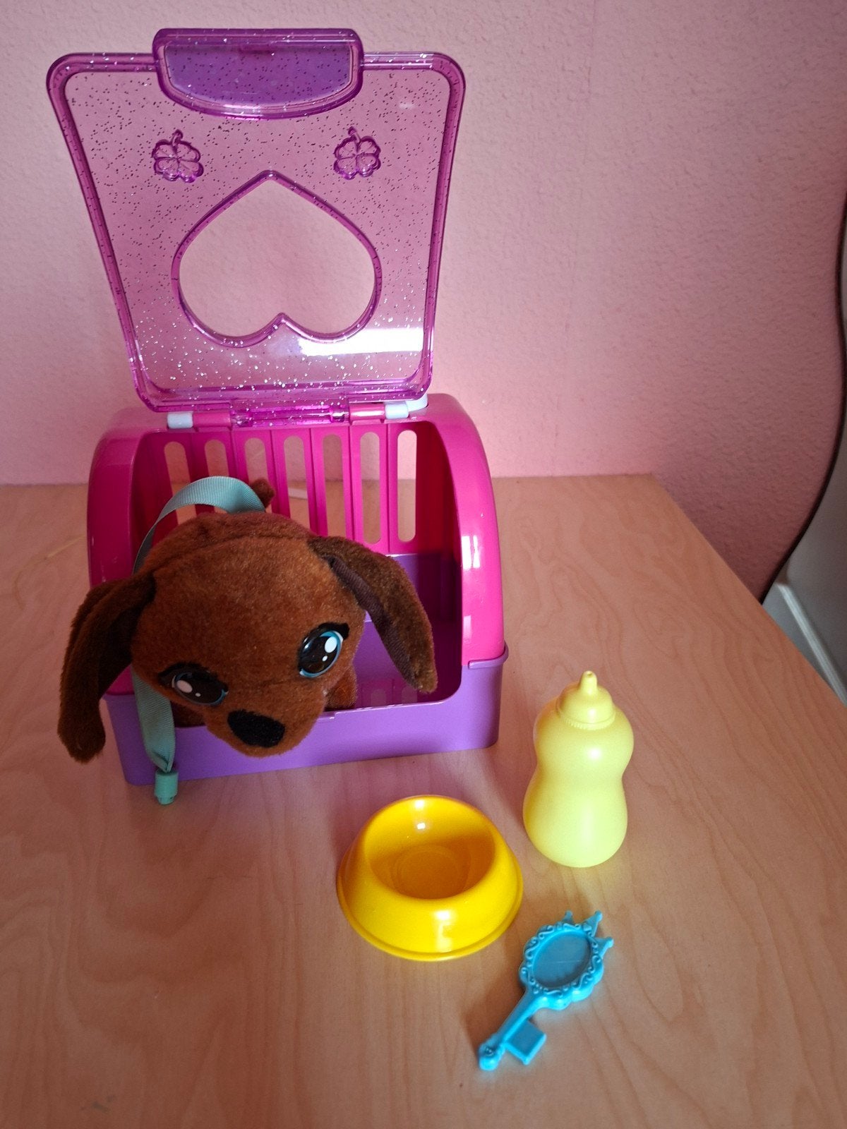 Knuffelhondje met reismand en accessoires, Ophalen of Verzenden, Gebruikt, Jongen of Meisje