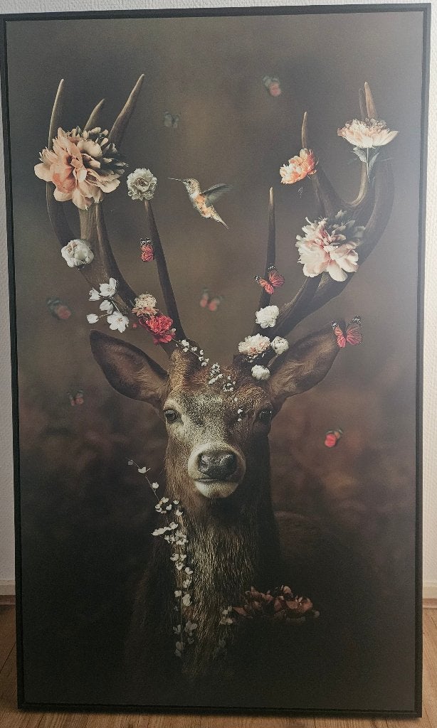 Schilderij hert met bloemen kolibrie Reinders, Ophalen, Zo goed als nieuw, 50 tot 75 cm, Schilderij