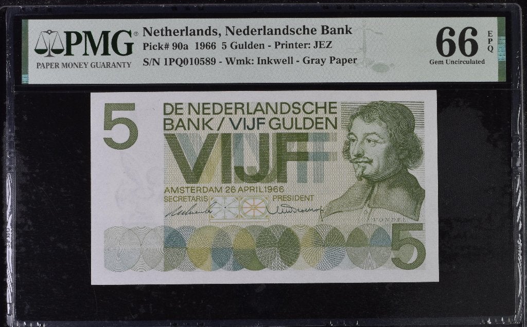 UNC biljet 5 gulden Vondel I, 1966 | PMG 66 EPQ, Postzegels en Munten, Ophalen of Verzenden, 5 gulden