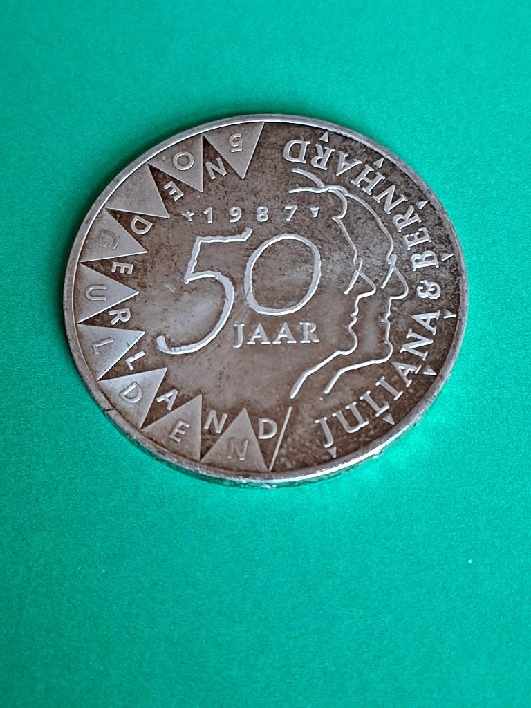 1987 vijftig gulden zilver 50 jaar huwelijk Juliana, Beatrix, Postzegels en Munten, Munten | Nederland, Verzenden, Koningin Beatrix
