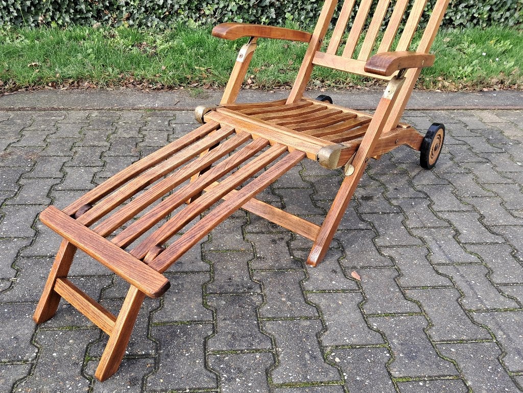 Teakhouten deckchair/ligstoel met wielen, inklapbaar, Ophalen, Gebruikt, Teakhout, Verstelbaar