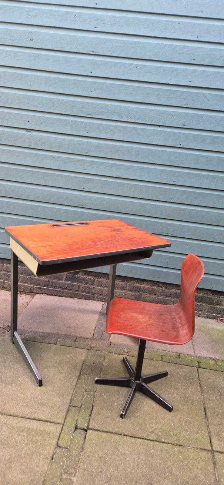 Oud schooltafelje en stoeltje - Vintage set, Ophalen, Gebruikt, Industrieel, Decoratieobject