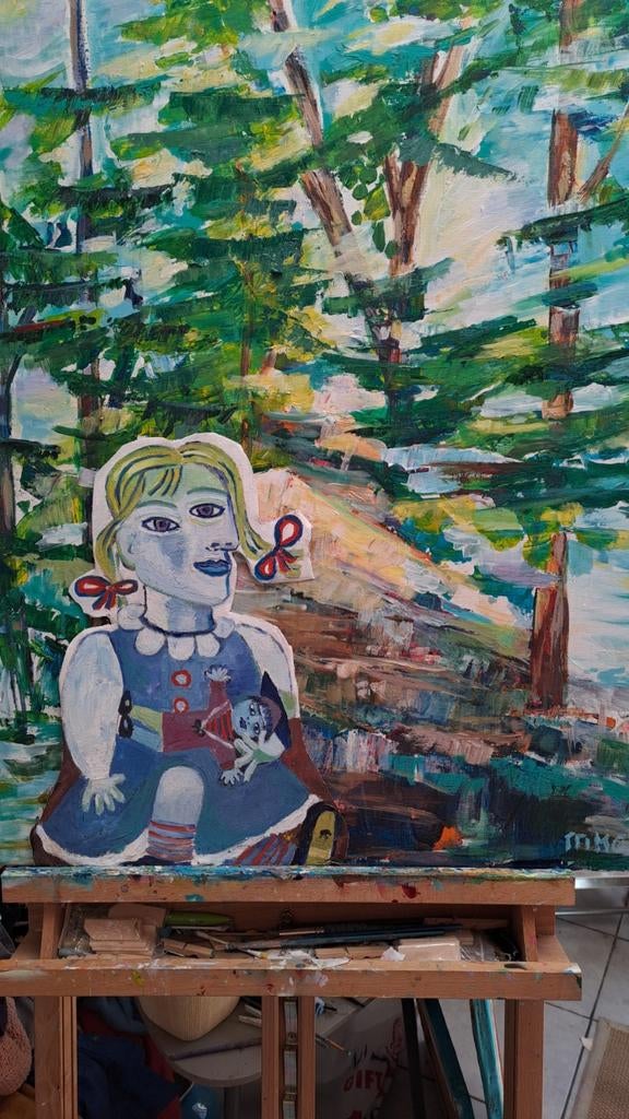 Schilderij "Meisje in het Bos" - Acryl en Olieverf, Ophalen of Verzenden