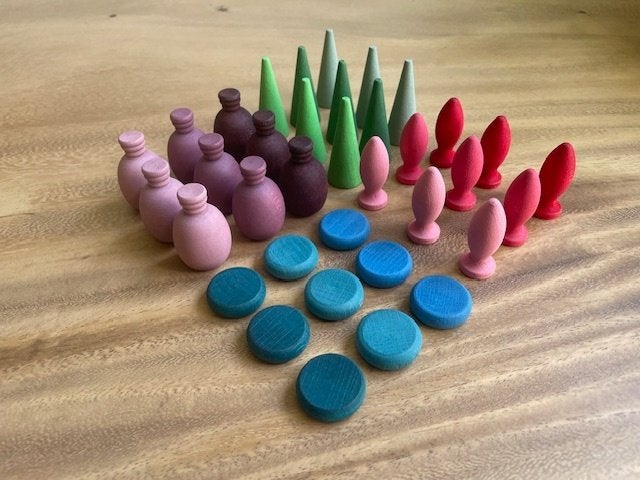 Grapat 36x mix & match: flesjes, munten, kegels en blaadjes, Kinderen en Baby's, Speelgoed | Houten speelgoed, NL, Nieuw, Ophalen of Verzenden
