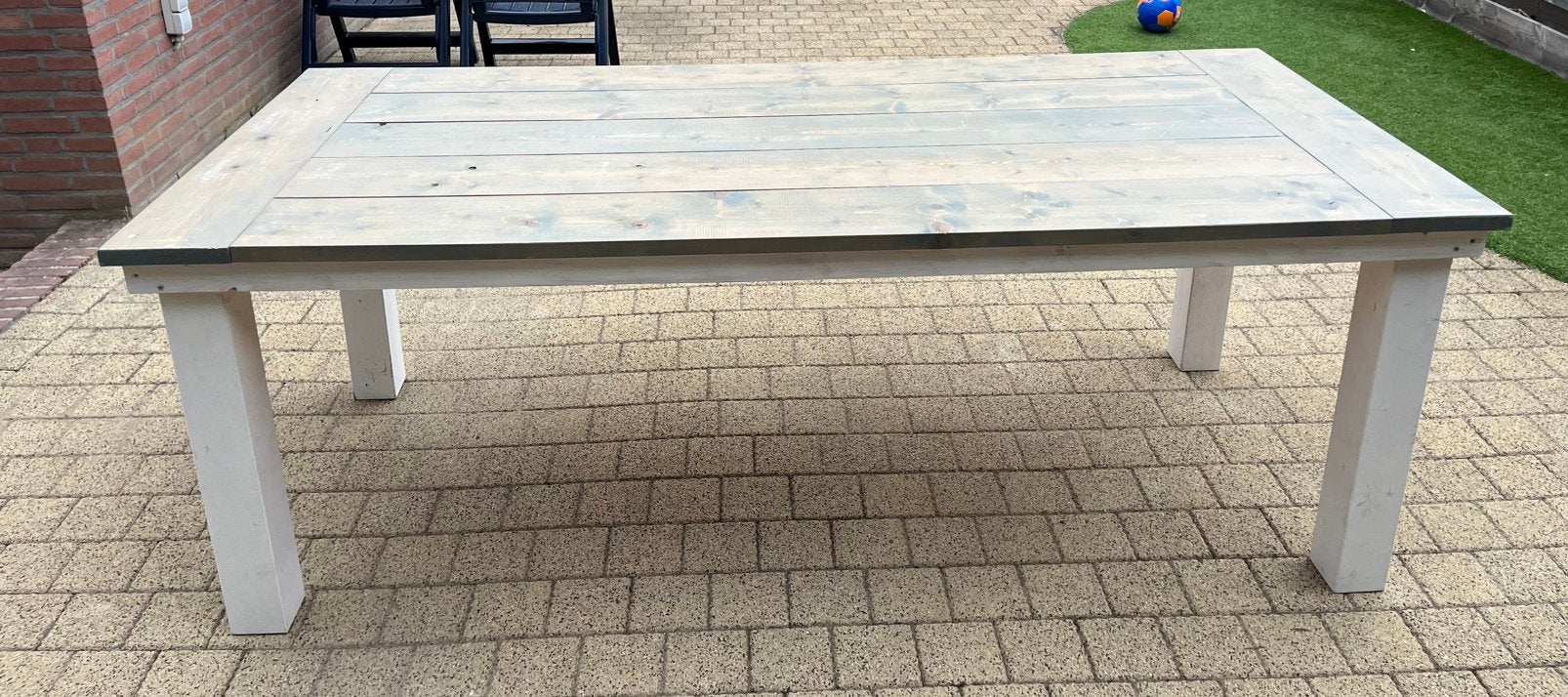 Steigerhouten tafel 220 x 90 x 80 cm – binnen/buiten, Tuin en Terras, Ophalen, Gebruikt, Rechthoekig, Hout
