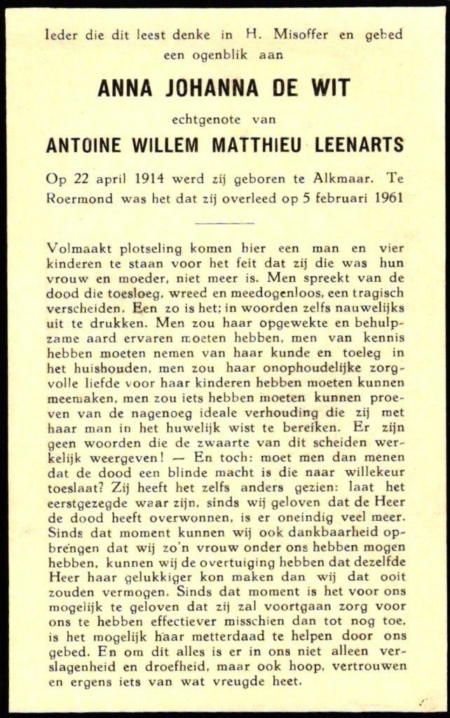 Wit de Anna Johanna Alkmaar 1914-1961 Roermond, Ophalen of Verzenden