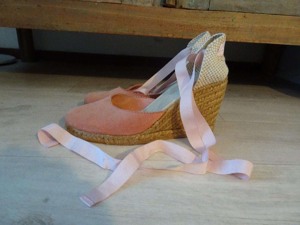 Roze leren suede sleehak espadrilles met striklint maat 40, Ophalen of Verzenden, Zo goed als nieuw, Espadrilles of Moccasins