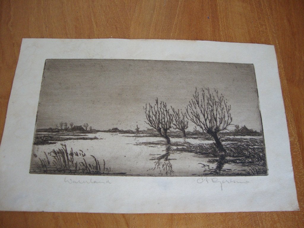 Ingelijste ets van Abe Gerlsma, Antiek en Kunst, Kunst | Etsen en Gravures, Ingelijst, 19 cm, Ophalen of Verzenden, Landschap