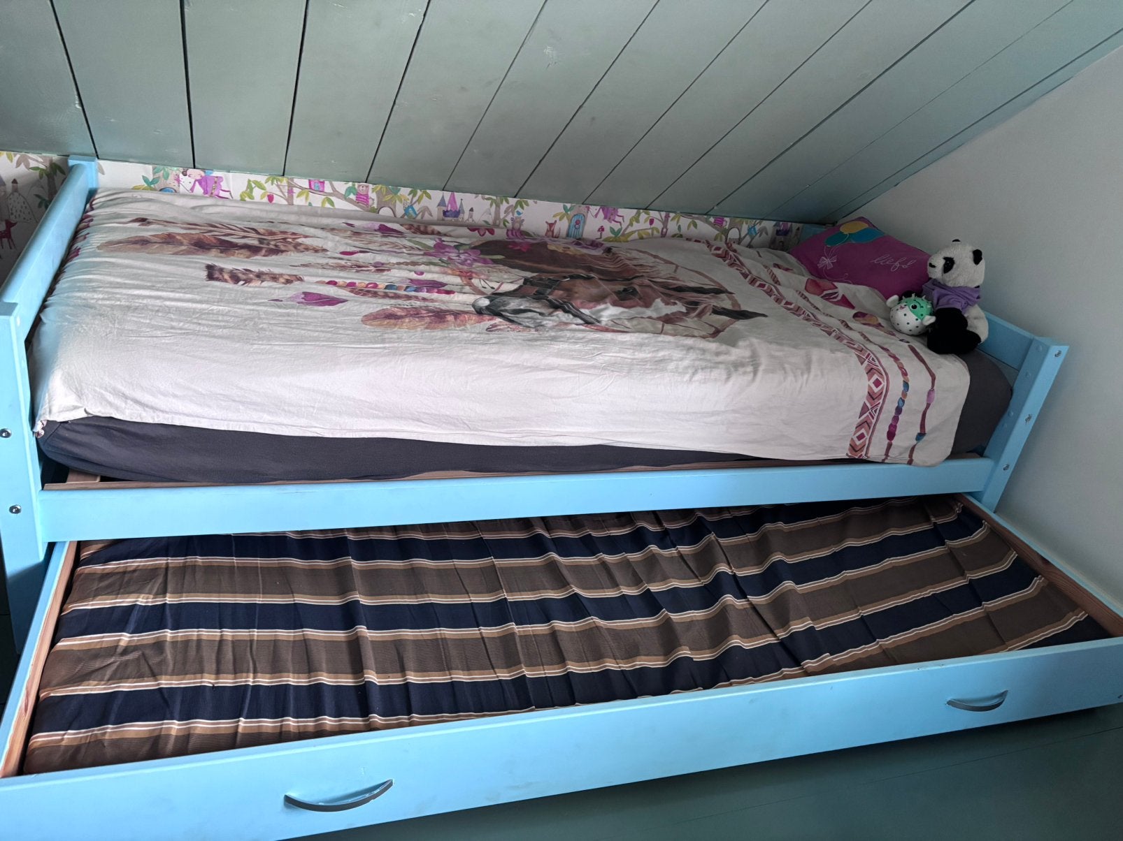 Blauw kinderbed uitschuifbed logeerbed met lade en matrassen, 85 tot 100 cm, Zo goed als nieuw, 180 cm of meer, Ophalen