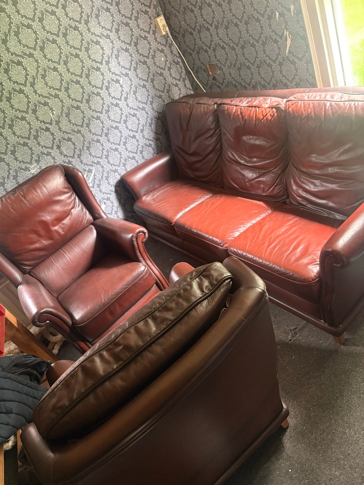 Leren bank en 2 fauteuils, Huis en Inrichting, Fauteuils, Ophalen, Gebruikt, 75 tot 100 cm, Leer
