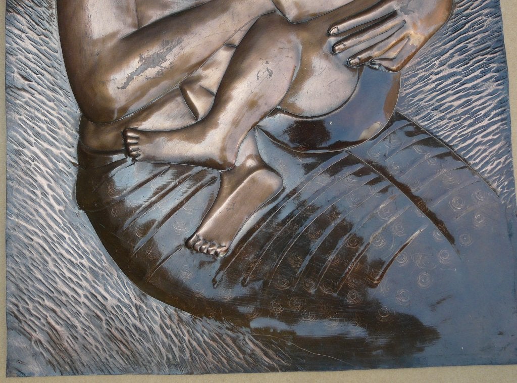 Portret koperwerk kunst vrouw baby plaat koper koperslager, Ophalen