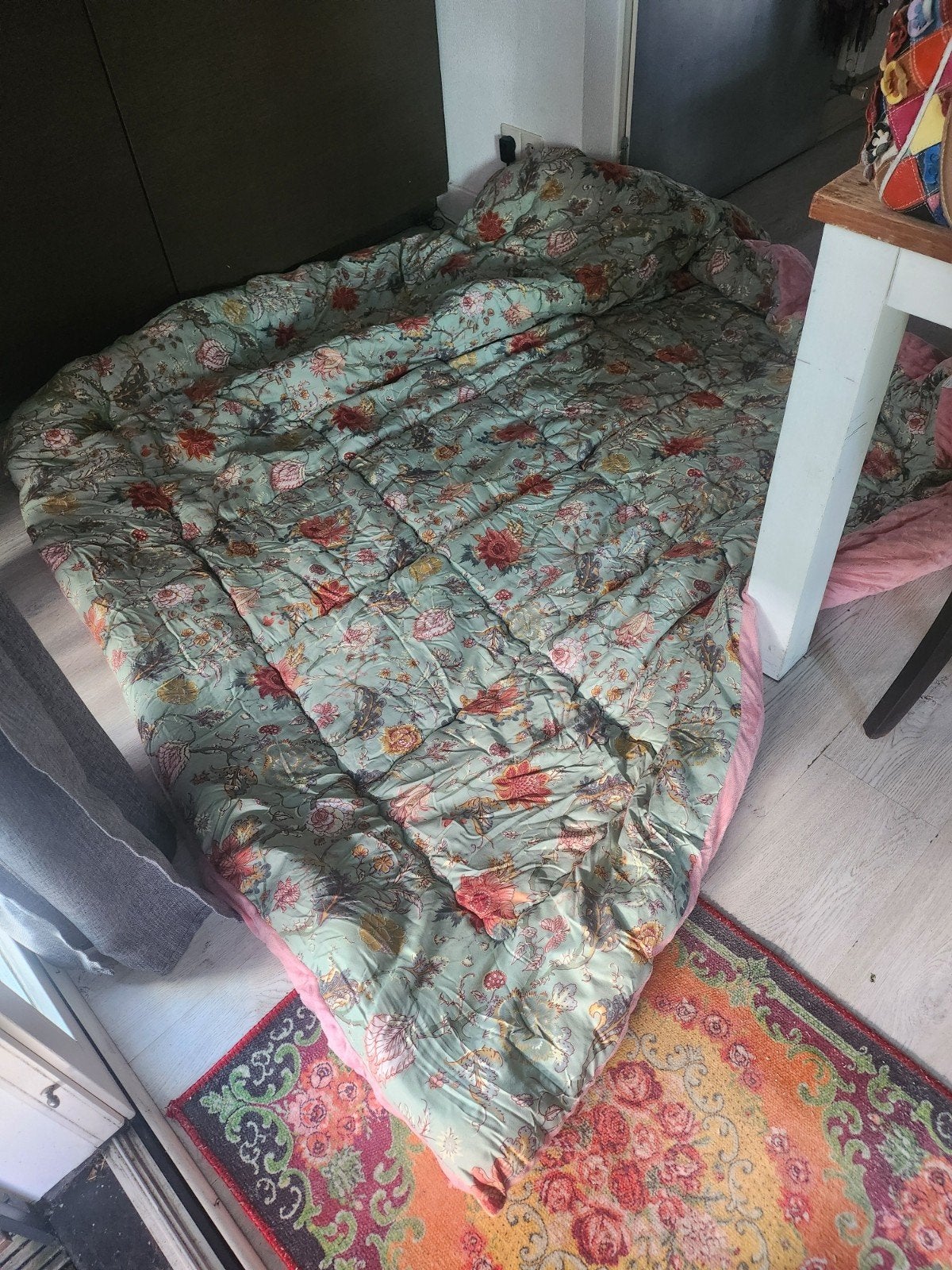 Bloemig Dekbedovertrek - Groen/Roze, Gebruikt, Dekbedovertrek, Tweepersoons, Ophalen of Verzenden