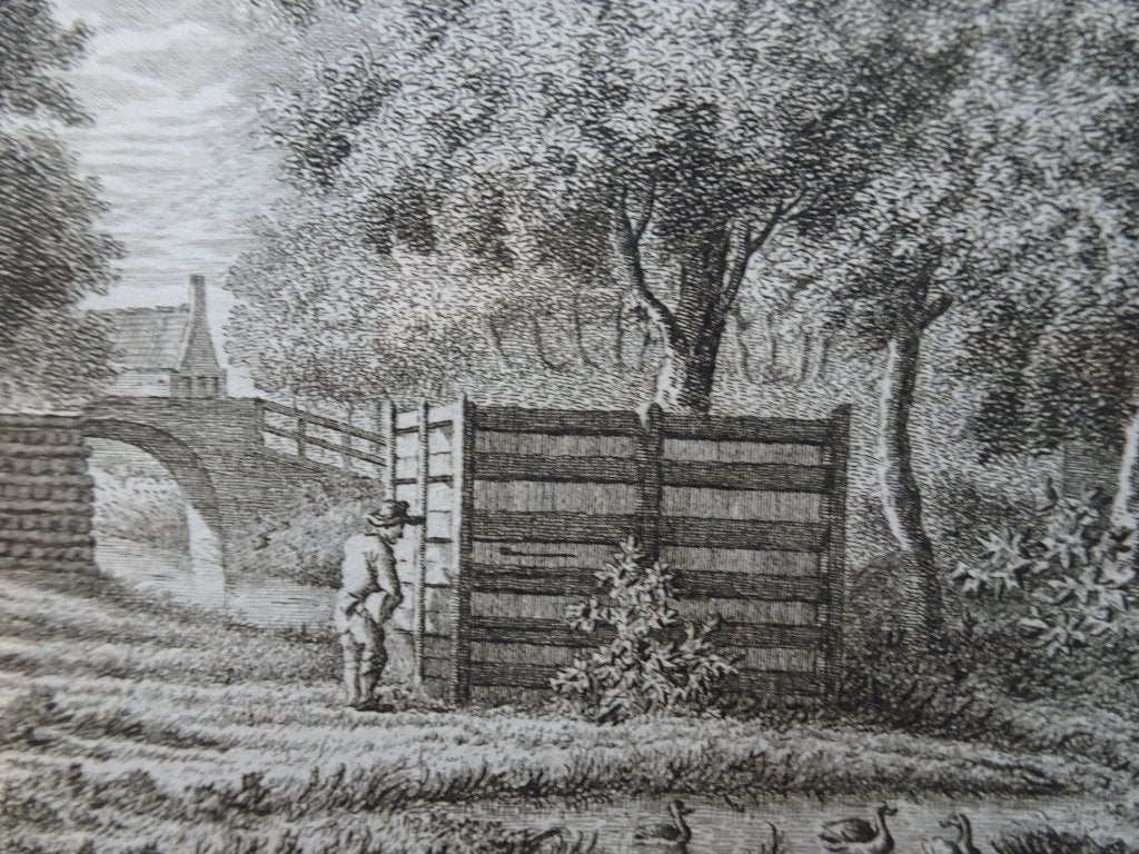 gravure plassende man in Winsum Friesland, Bendorp 1793, Verzenden, Stadsgezicht, Gravure, Origineel
