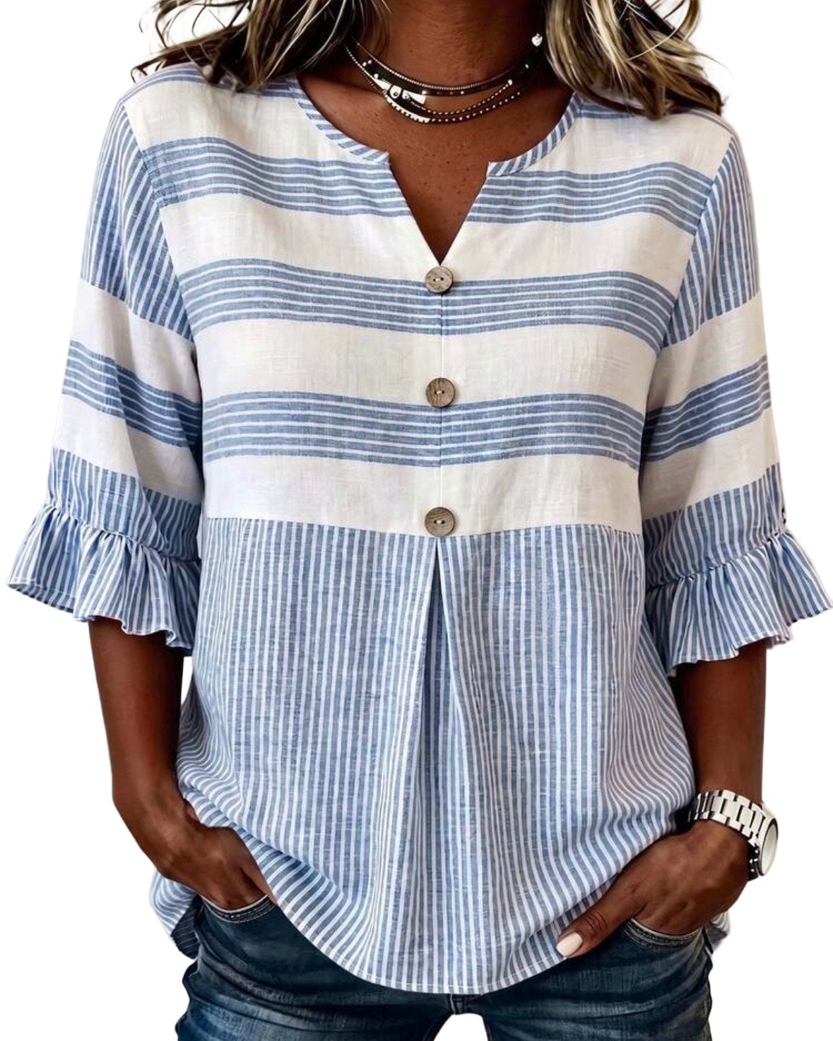 Gestreepte blouse met ruches mouwen (44-52), Kleding | Dames, Grote Maten, Verzenden, Nieuw, Blauw