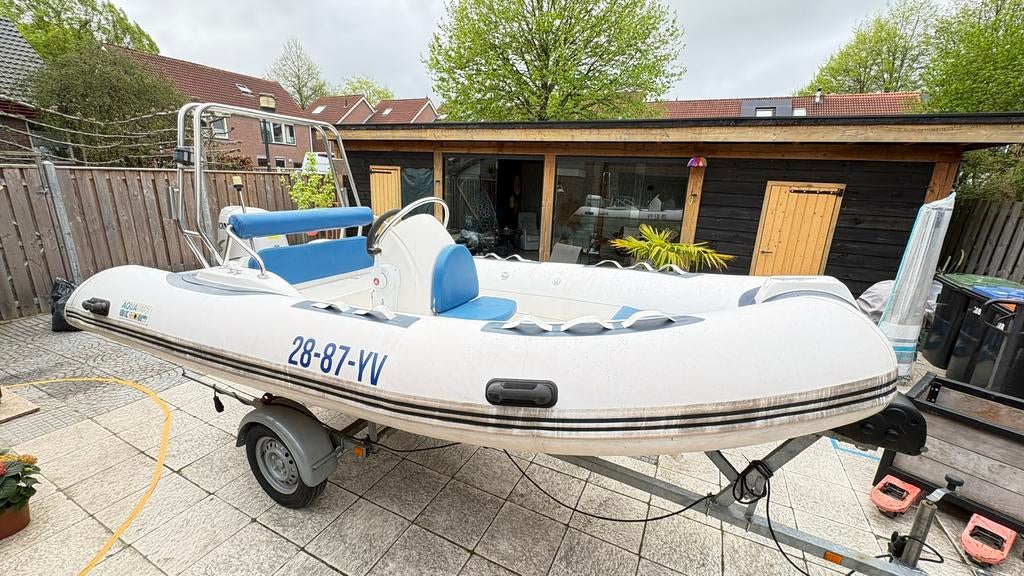 Auquaparx rib 430 met nette trailer elektrische lier, Gebruikt, Benzine, Minder dan 70 pk, Overige materialen