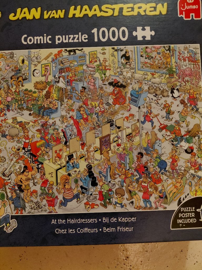 Jan van Haasteren puzzel 1000 stukjes - Bij de Kapper, Hobby en Vrije tijd, Ophalen of Verzenden, 500 t/m 1500 stukjes, Zo goed als nieuw
