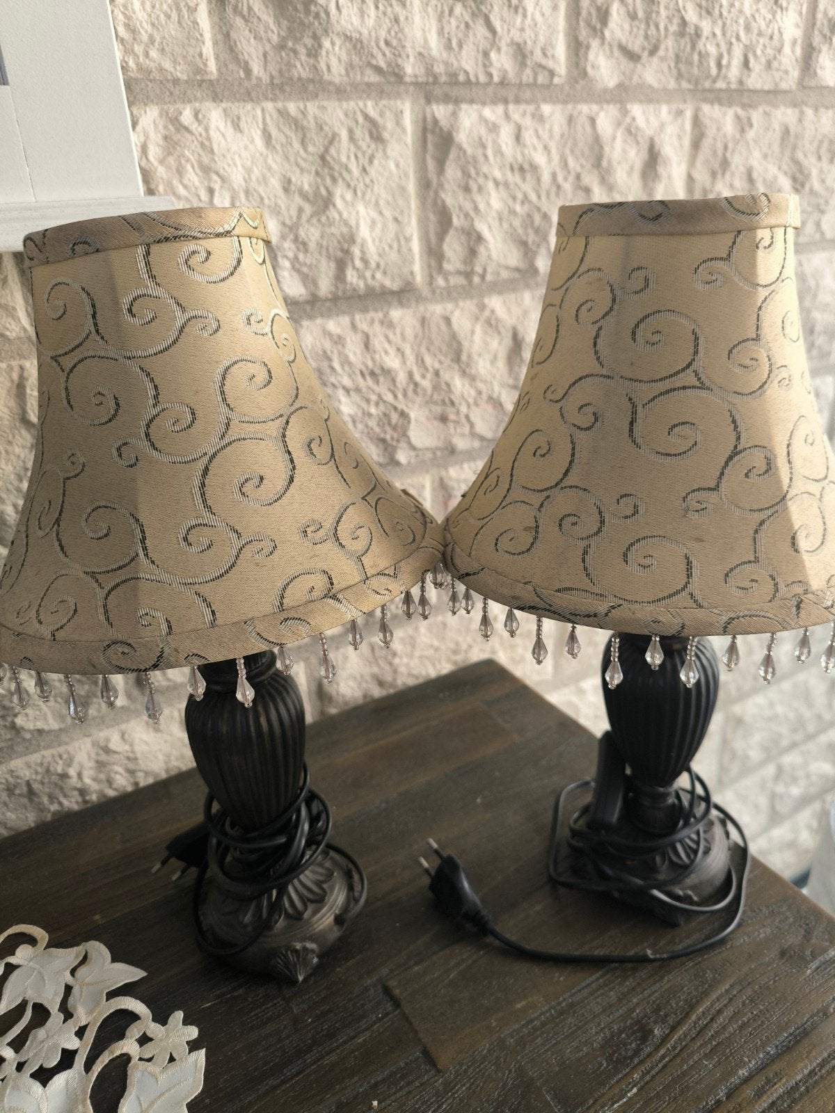 Barok lampenset van 2 met kristallen hangers, Ophalen of Verzenden, Gebruikt, Metaal