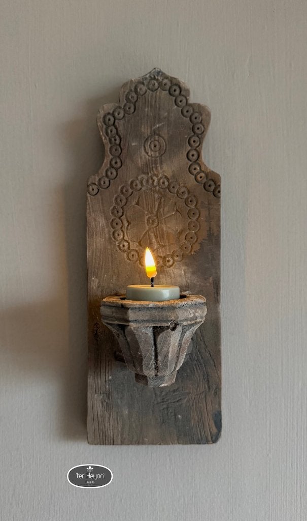Oud houten wand kandelaar hang waxine stoer sober landelijk, Verzenden, 34 cm, Nieuw, Kandelaar