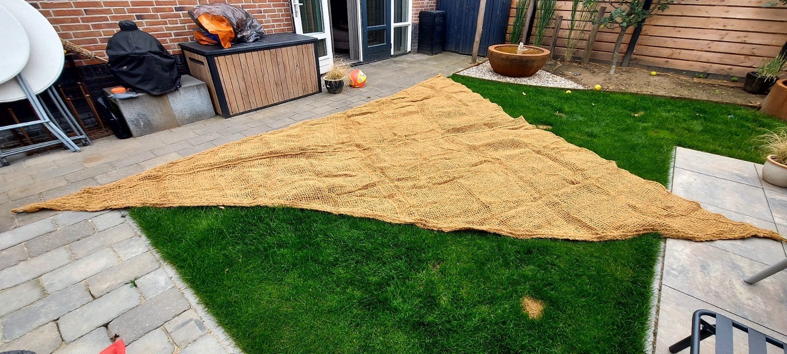 Groot schaduwdoek / zonnezeil van kokosvezel, Gebruikt, Overige typen, 450 cm of meer, Ophalen of Verzenden