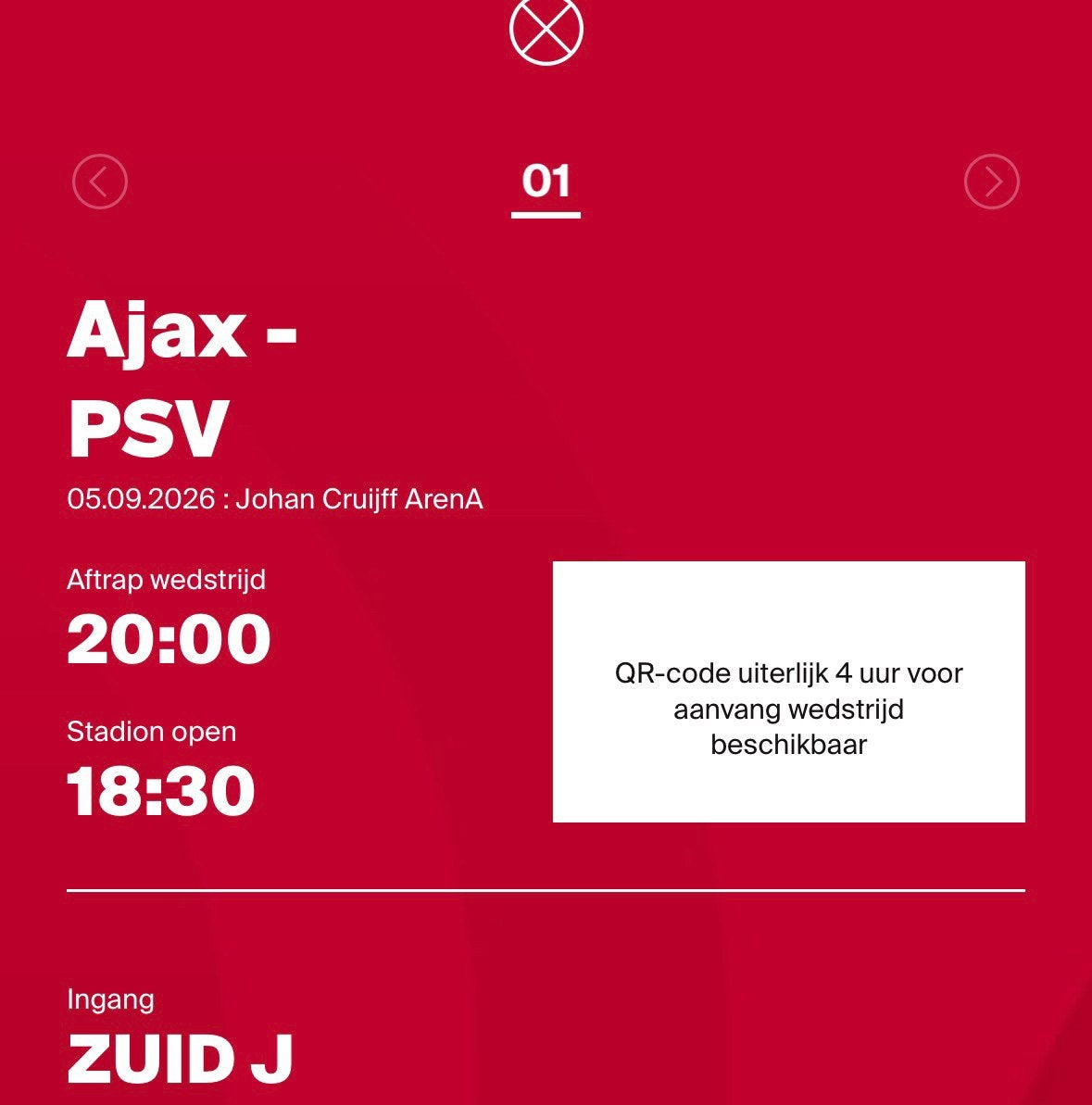 1x kaart Ajax -  PSV vak zuid 2, Tickets en Kaartjes, Eén persoon, Februari