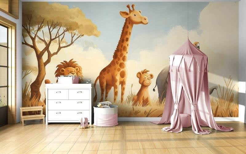 Fotobehang Behang Kinderkamer - Safari Dieren in de Savanne, Geel, Info@fotobehangkoning.nl, Fotobehang, Overige stijlen