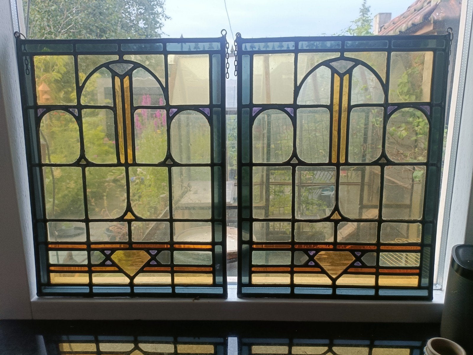 2 Glas-in-lood voorzetramen met kettingen - intact glas, Ophalen of Verzenden