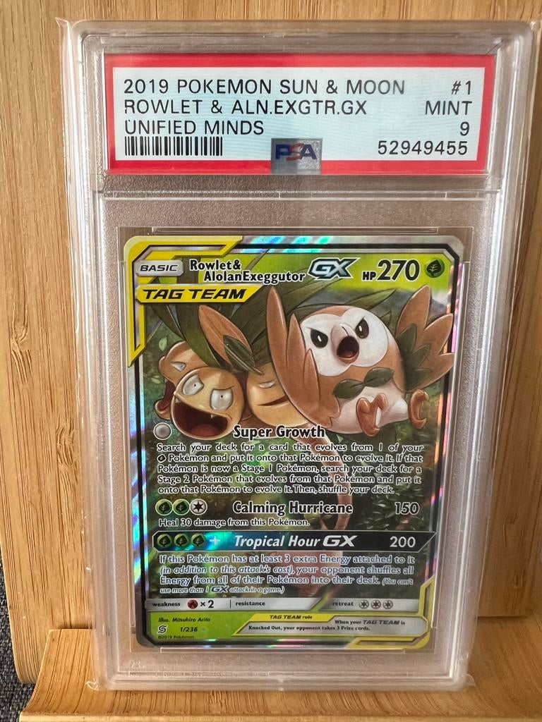 Pokémon Rowlet & Alolan Exeggutor GX PSA 9, Ophalen of Verzenden, Zo goed als nieuw