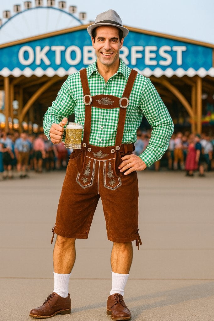 Groen Oktoberfest Kostuum met Bruine Lederhosen - Maat XXL, Kleding | Heren, Carnavalskleding en Feestkleding, Niet ingevuld, Niet ingevuld