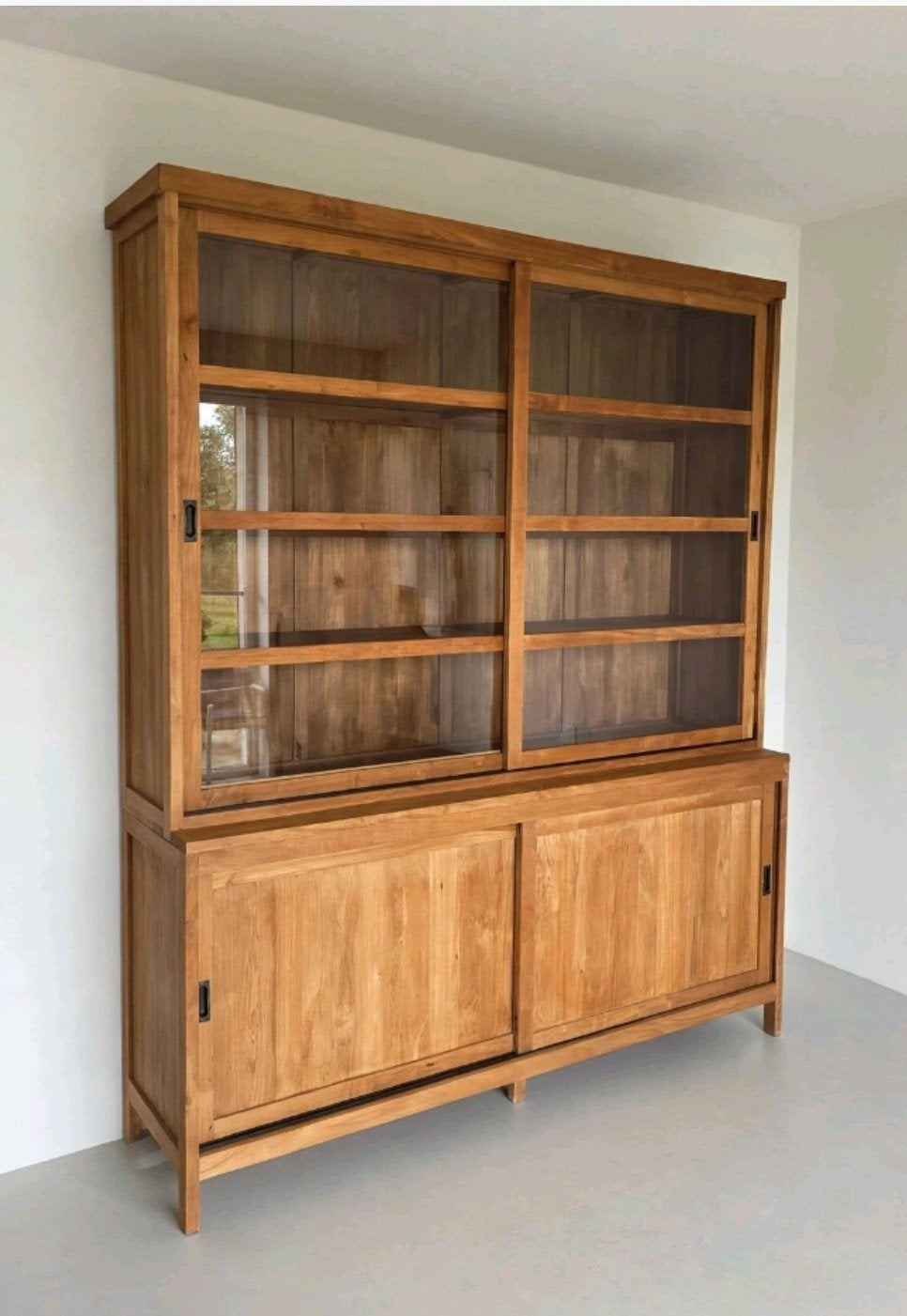 Teakhouten vitrinekast met schuifdeuren (B200xH219xB50), Huis en Inrichting, Ophalen, 200 cm of meer, Teakhout, 200 cm of meer