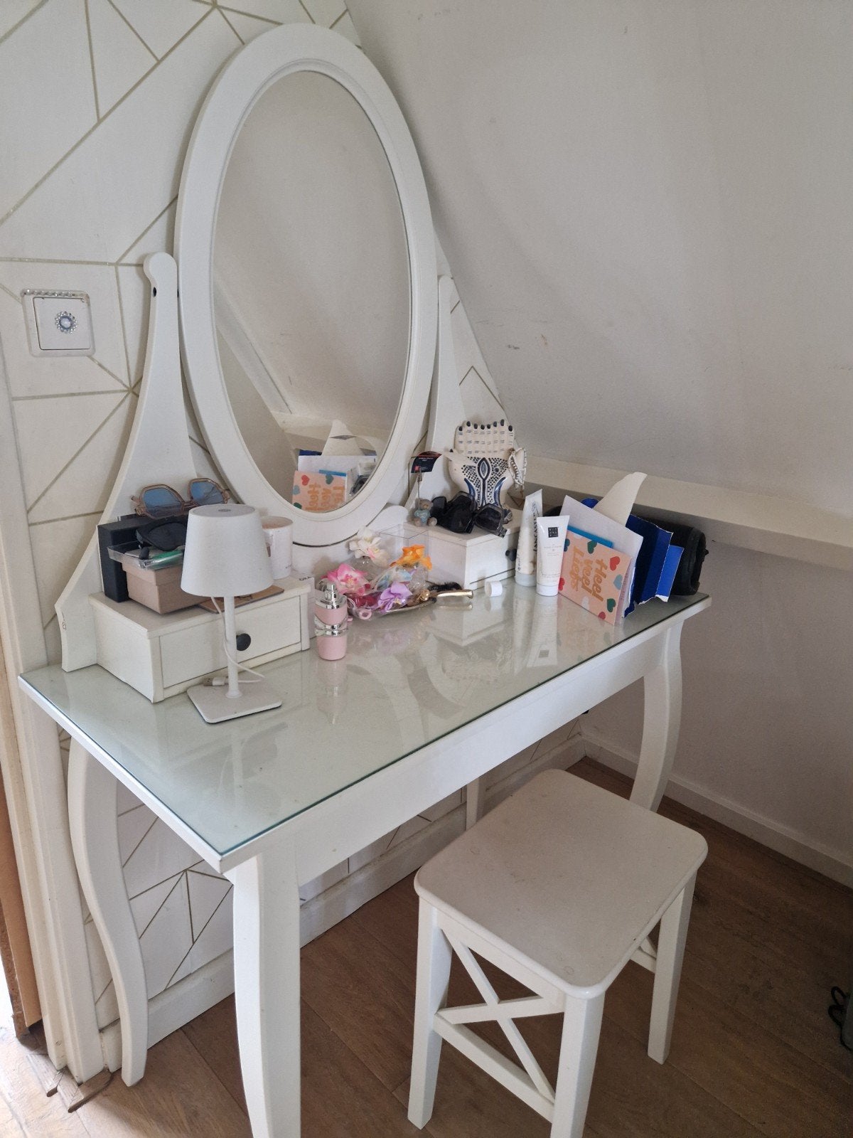 Witte kaptafel met spiegel en krukje, Ophalen of Verzenden, Hout, Klassiek Landelijk Modern