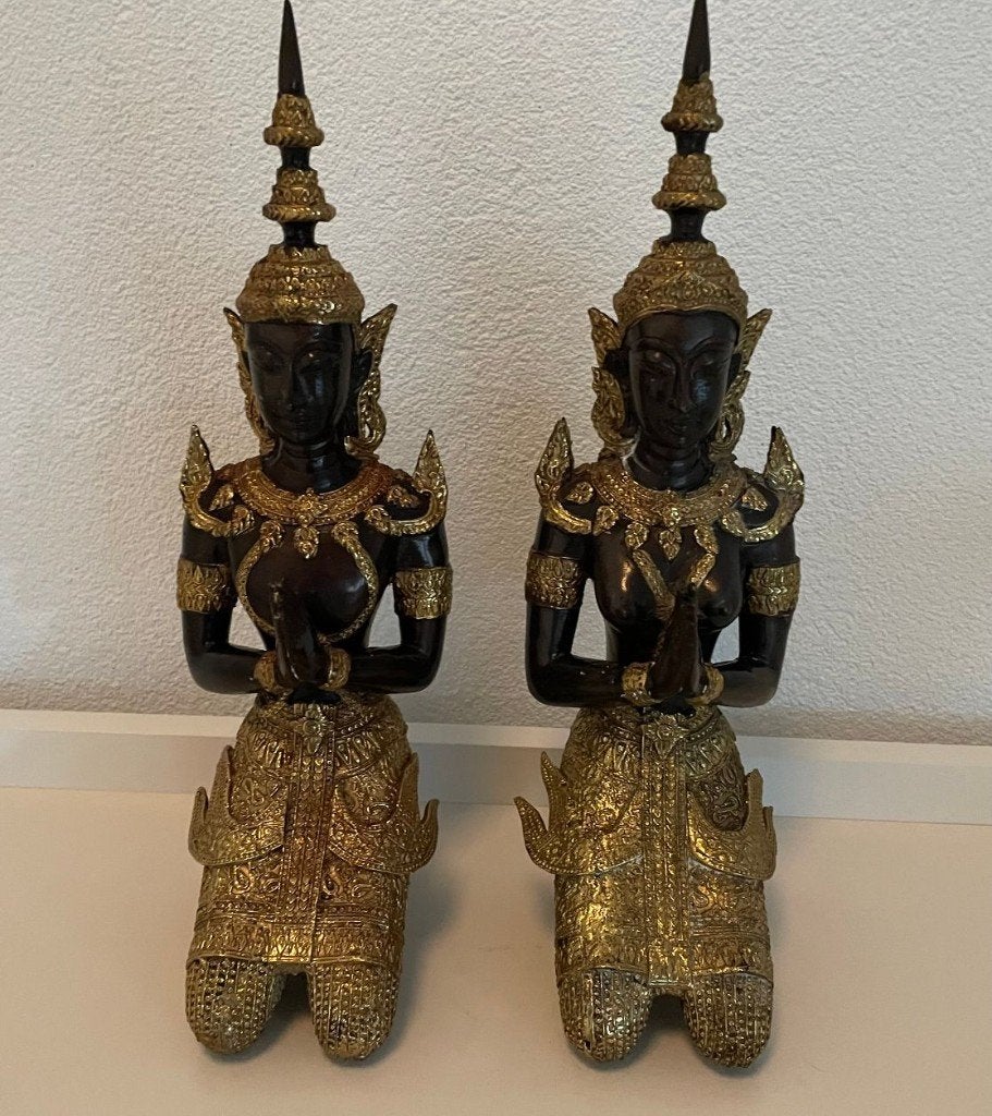 Thaise tempelwachters Devata figuren Paar man en vrouw brons, Ophalen of Verzenden, 33 cm, Brons