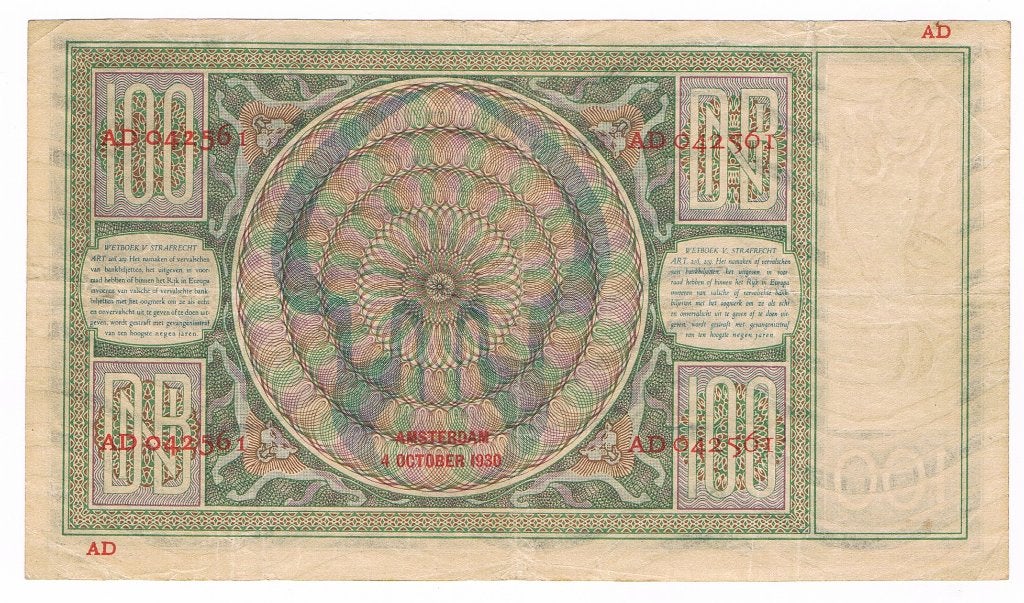 100 gulden 4 oktober 1930 Luitspelende vrouw, Postzegels en Munten, Verzenden, 100 gulden, Los biljet