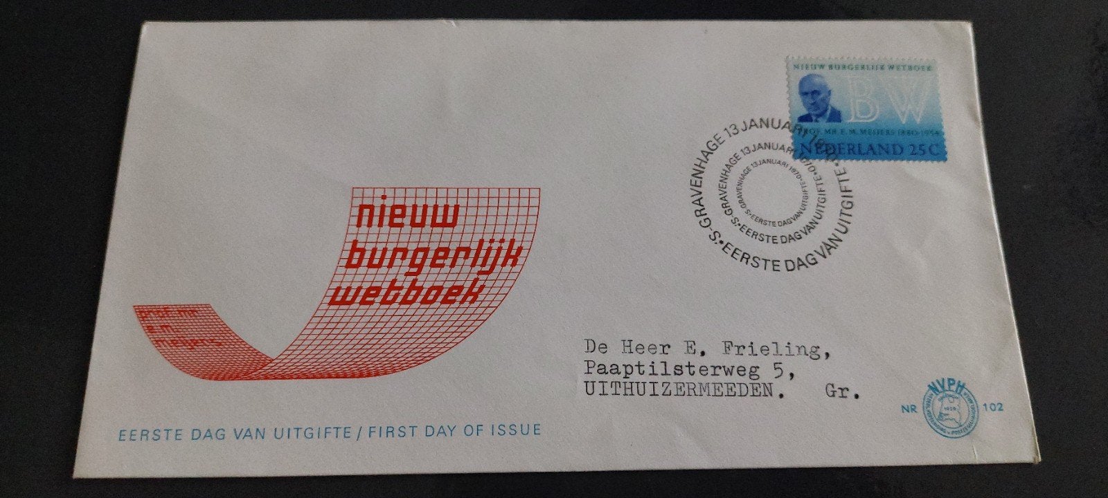 eerste dag envelop nederland e102 burgerlijk wetboek1970, Ophalen, Beschreven, Nederland
