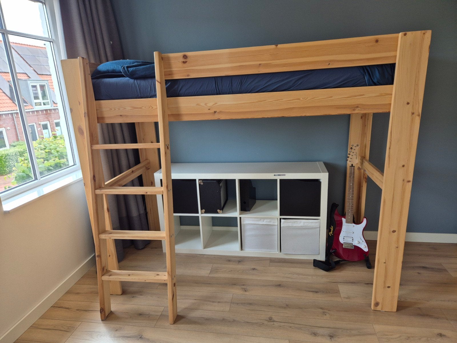 Stevig houten hoogslaper met lattenbodem 90x200 (170 hoog), Ophalen, Gebruikt, 90 cm, 200 cm