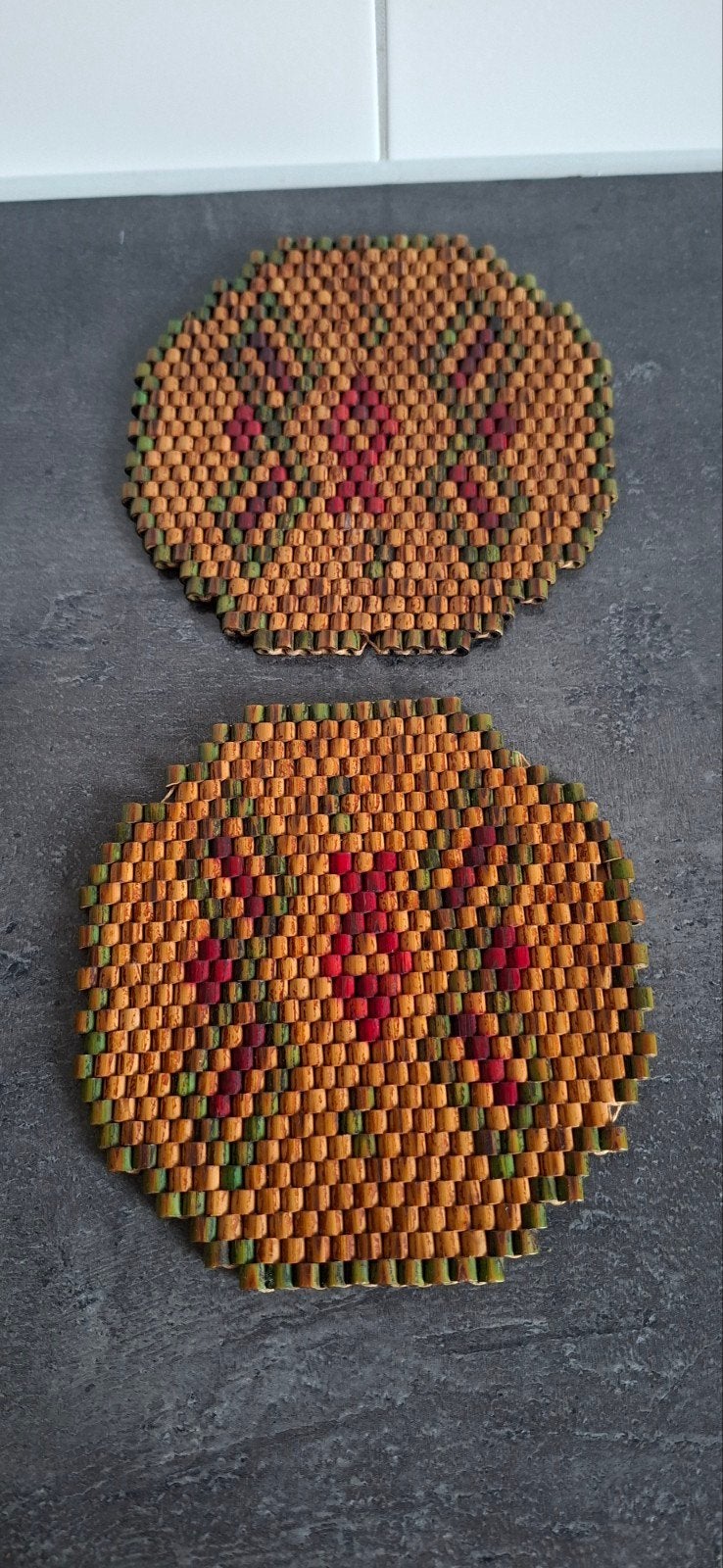 vintage (pannen) onderzetters, Hout, Gebruikt, Pannenonderzetter, Bruin