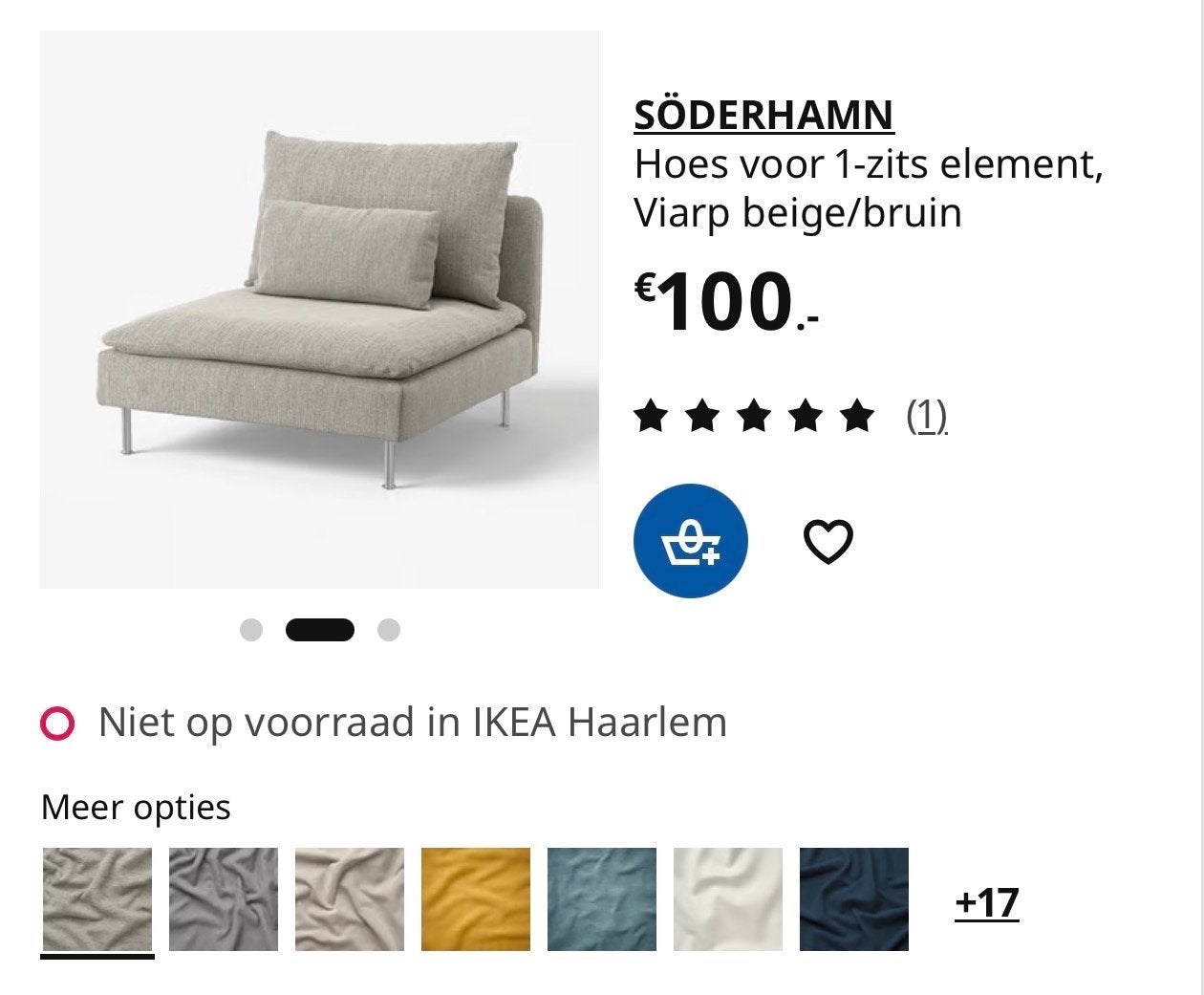 3x IKEA Söderhamn hoes viarp beige excl.groot rugkussenhoes), Ophalen of Verzenden, Gebruikt, 75 tot 100 cm, Driepersoons