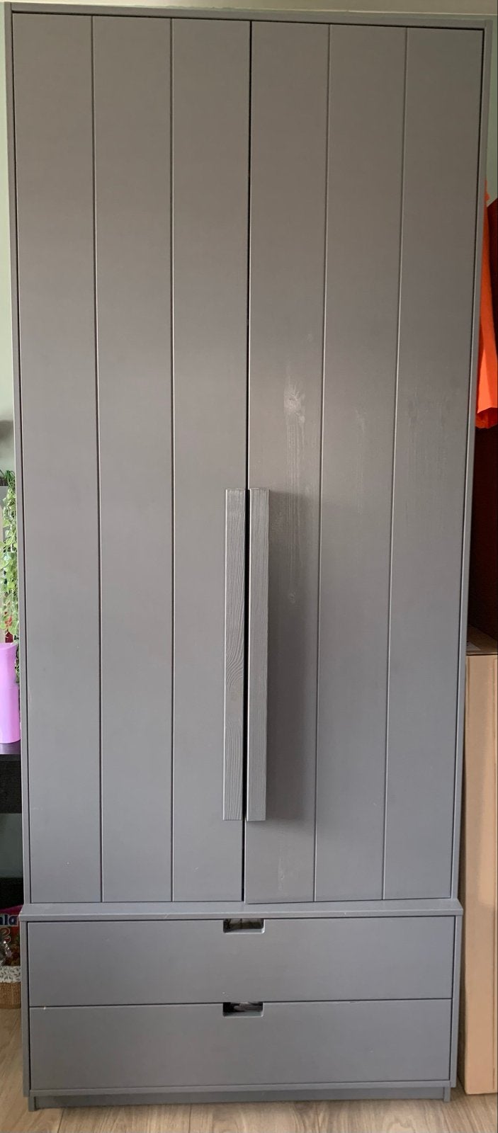 Grijze kledingkast met lades en hangruimte Basic Label, Ophalen, Gebruikt, 200 cm of meer, 50 tot 100 cm