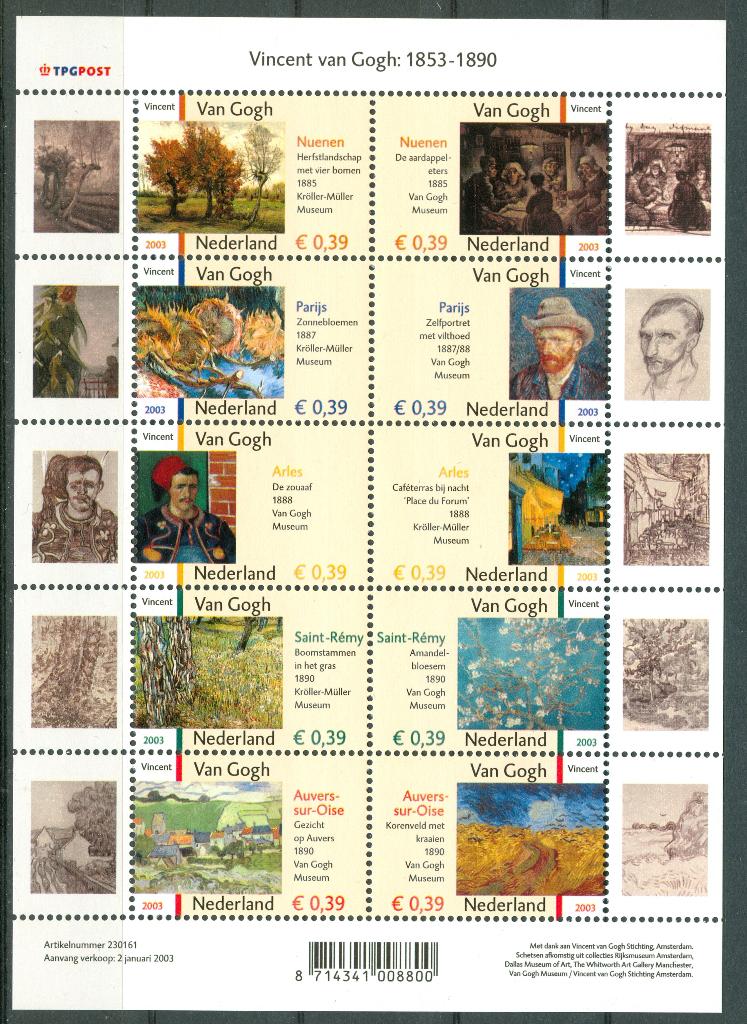 Ned. NVPH V2142-2151 Vincent van Gogh 2003, Postzegels en Munten, Ophalen of Verzenden, Na 1940, Postfris