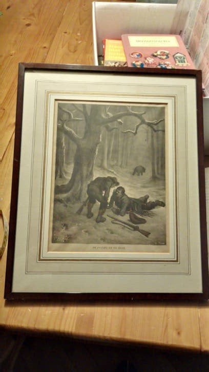 Antieke Gravure: De Jagers en de Beer (39x32 cm), Dagelijks leven, Ingelijst, 1800 - 1899, Ophalen of Verzenden