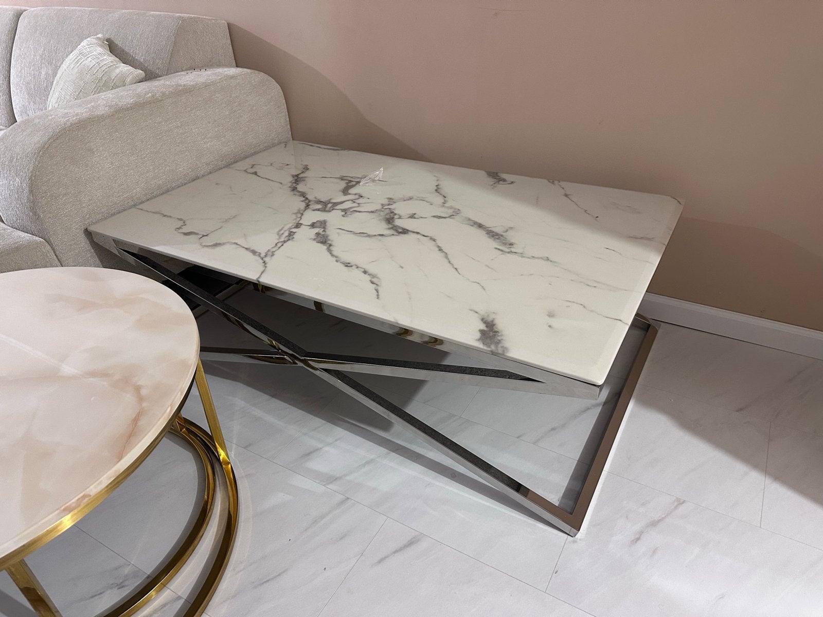 Moderne salontafel echte marmer!  Met chromen onderstel, 100 tot 150 cm, Overige materialen, Nieuw, Rechthoekig