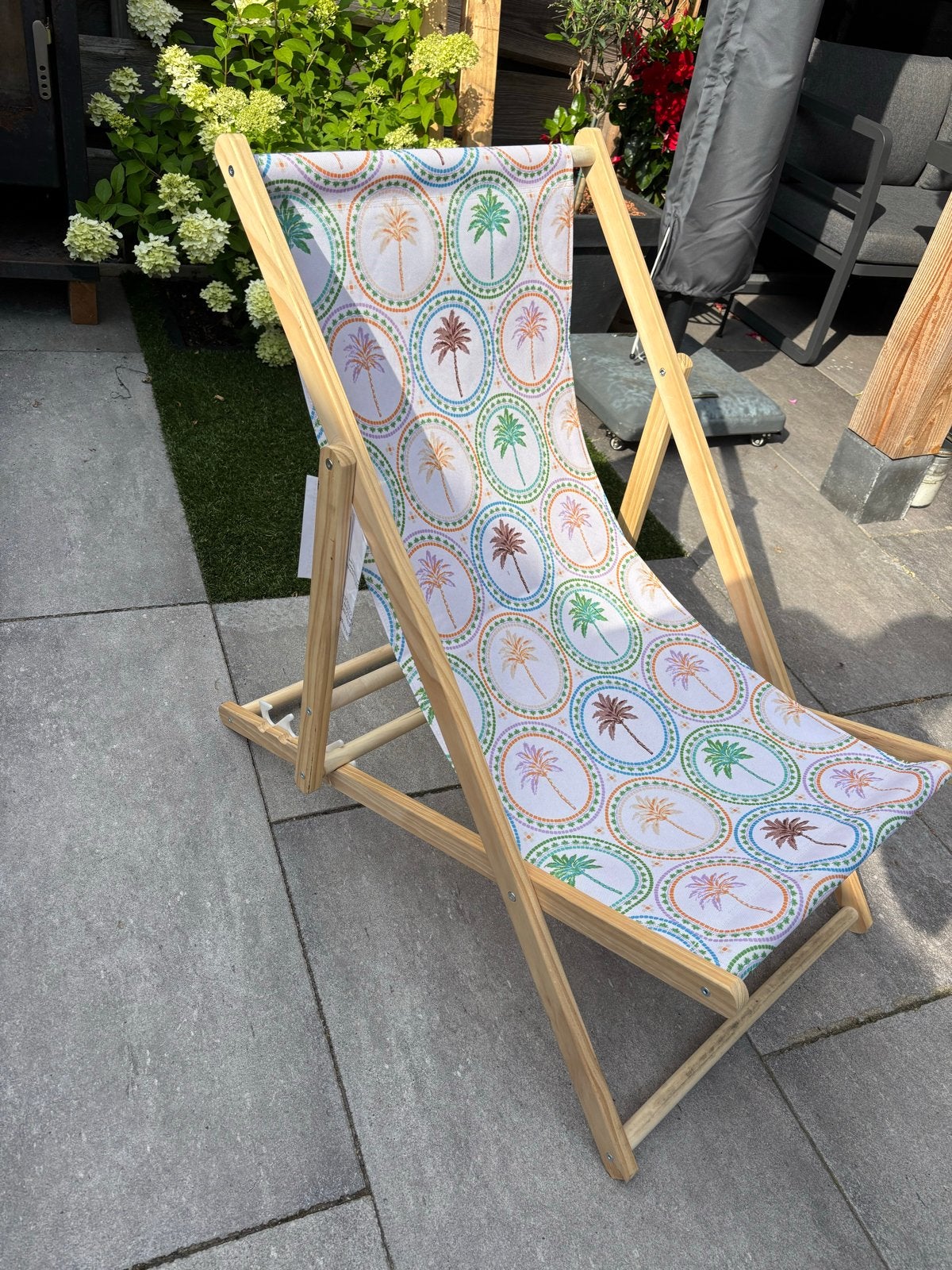Nieuwe Xenos strandstoel met palmboomprint, Ophalen, Nieuw, Hout, Inklapbaar