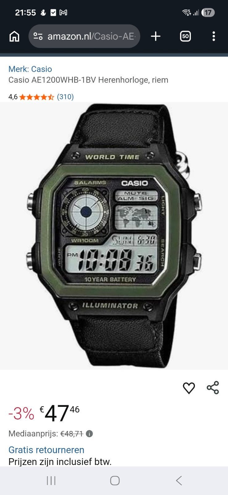 Nieuwe Casio AE1200WHB-1BV Herenhorloge - World Time, Casio, Kunststof, Polshorloge, Nieuw