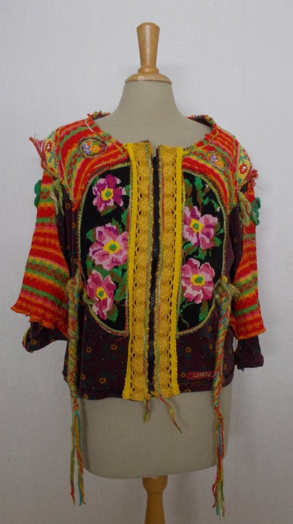 Folklore handgemaakt vestje v kleding kunstenares Lodicha! L, Maat 42/44 (L), Zo goed als nieuw, Lange mouw, Meerkleurig